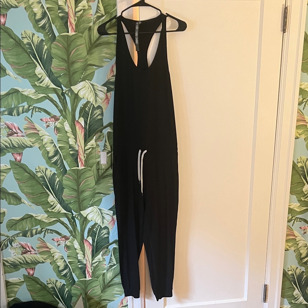 Black Vuori Jumpsuit with White Drawstring